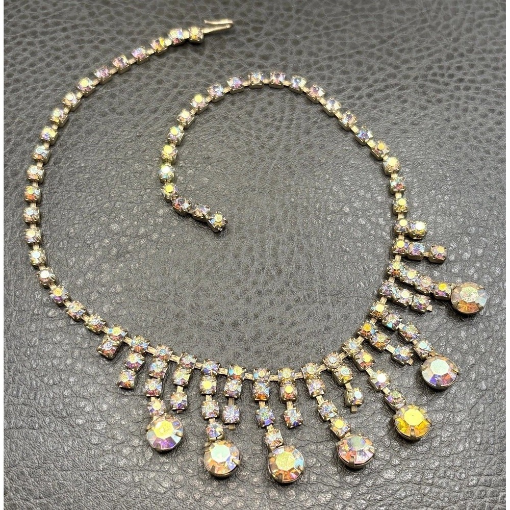 Vintage Aurora Borealis Rhinestone Bib Necklace Fringe Waterfall Silver Tone 15"